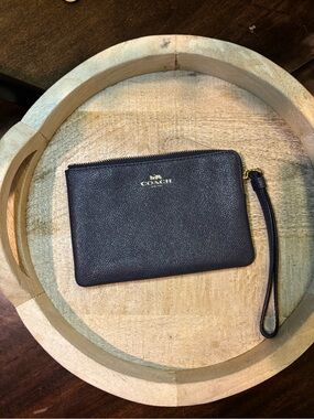 Coach Navy BluePebbled Leather Wristlet with Gold Logo